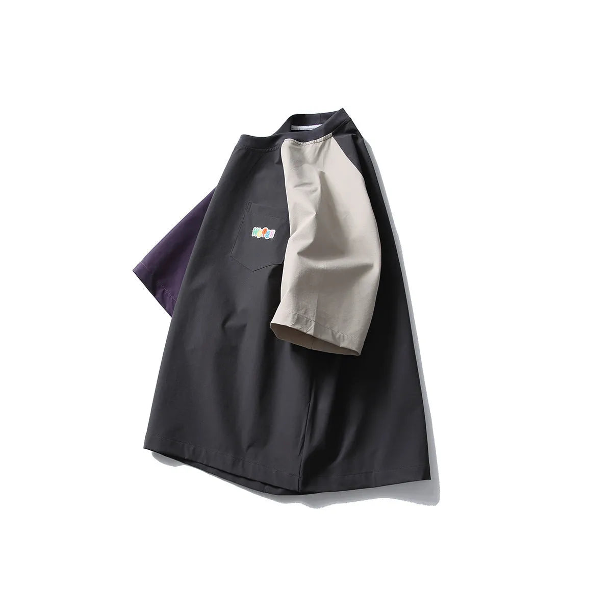 Dark grey men's t-shirt with contrast colour raglan sleeves and loose fit casual styling