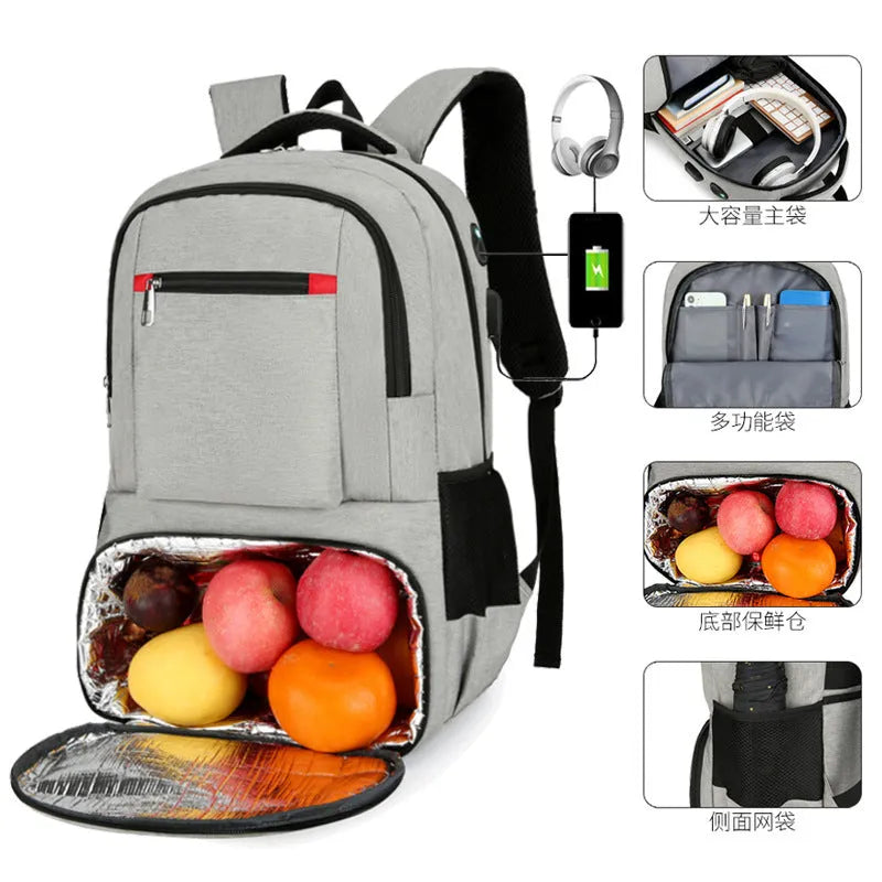 Light grey insulated Oxford cloth backpack with curved shoulder straps and multiple compartments.