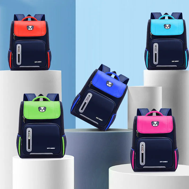 Primary school students backpack for 6-12 year olds, nylon, with multiple pockets, in navy blue, showing front view