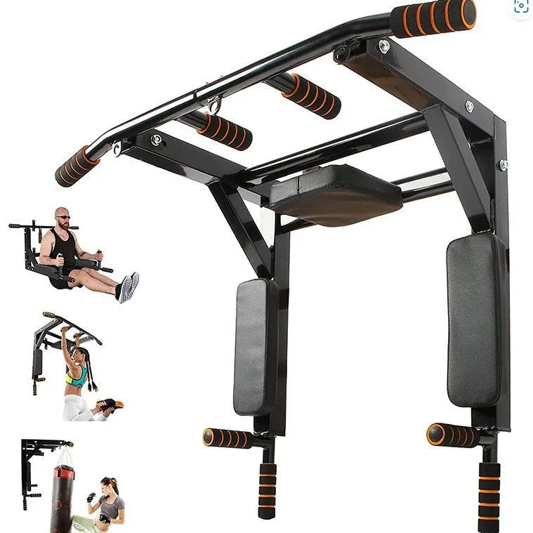 Black wall-mounted metal sandbag rack and parallel pull-up bars fitness equipment