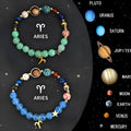 Set of two natural stone beaded bracelets for zodiac signs on a wrist.