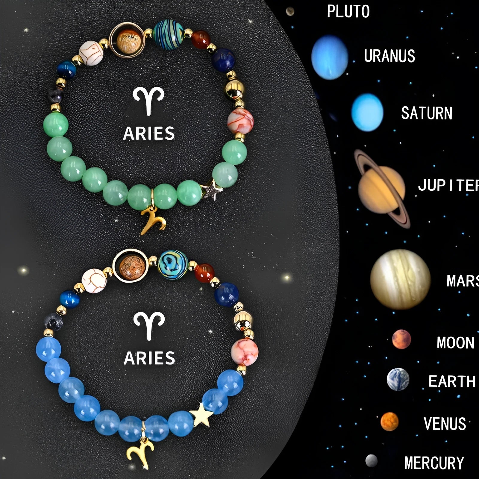 Set of two natural stone beaded bracelets for zodiac signs on a wrist.