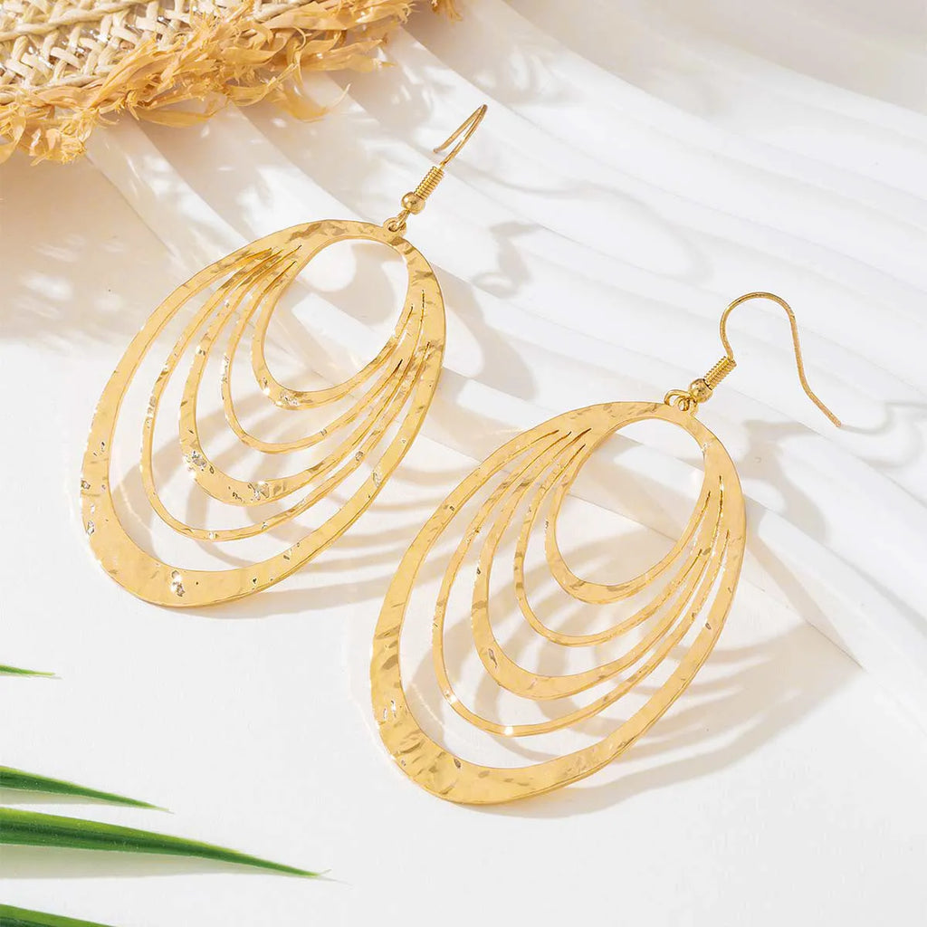 3 layer hollow oval gold dangle earrings with alloy and stainless steel construction