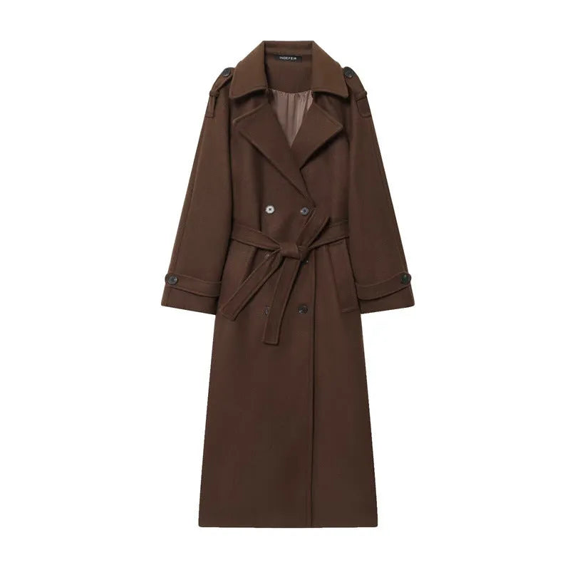 Women's double-breasted long wool coat regular fit with pockets in beige