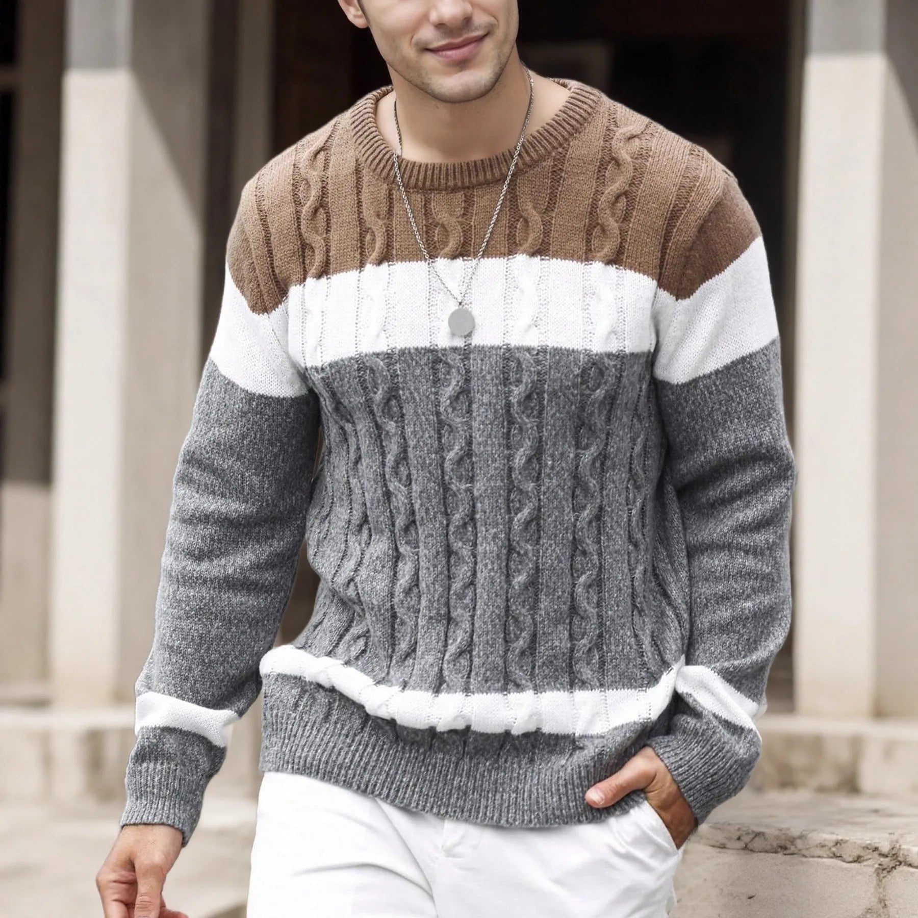 Men's colour-block crew neck pullover sweater in Blue and White Multicolor loose fit