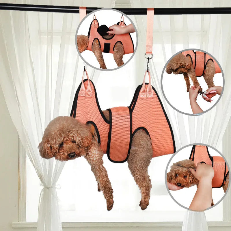 Cat grooming restraint bag with hanging hammock in three measured sizes for nail trimming and bath time