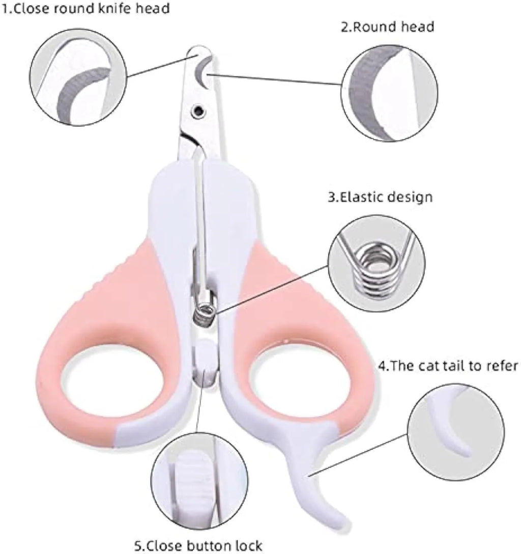 Grey and pink cat nail clippers with angled blade design and safety lock for small pet grooming