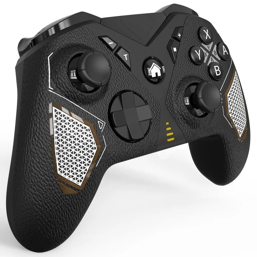 Black wireless game controller with leather-pattern grip for Nintendo Switch, PC, and mobile phones.