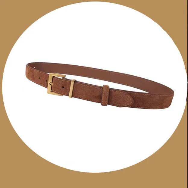 Ladies' brown leather belt with quadrilateral alloy pin buckle showing punching holes along 100cm length