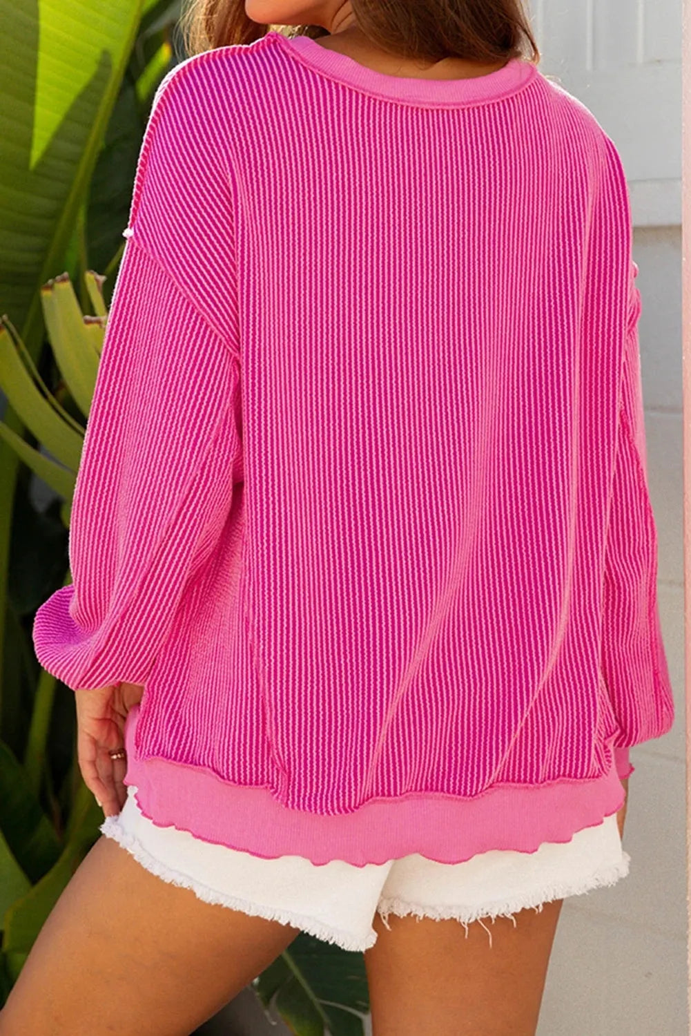 Women's fashion alphabet sequins long sleeve pullover top in strawberry pink, loose fit
