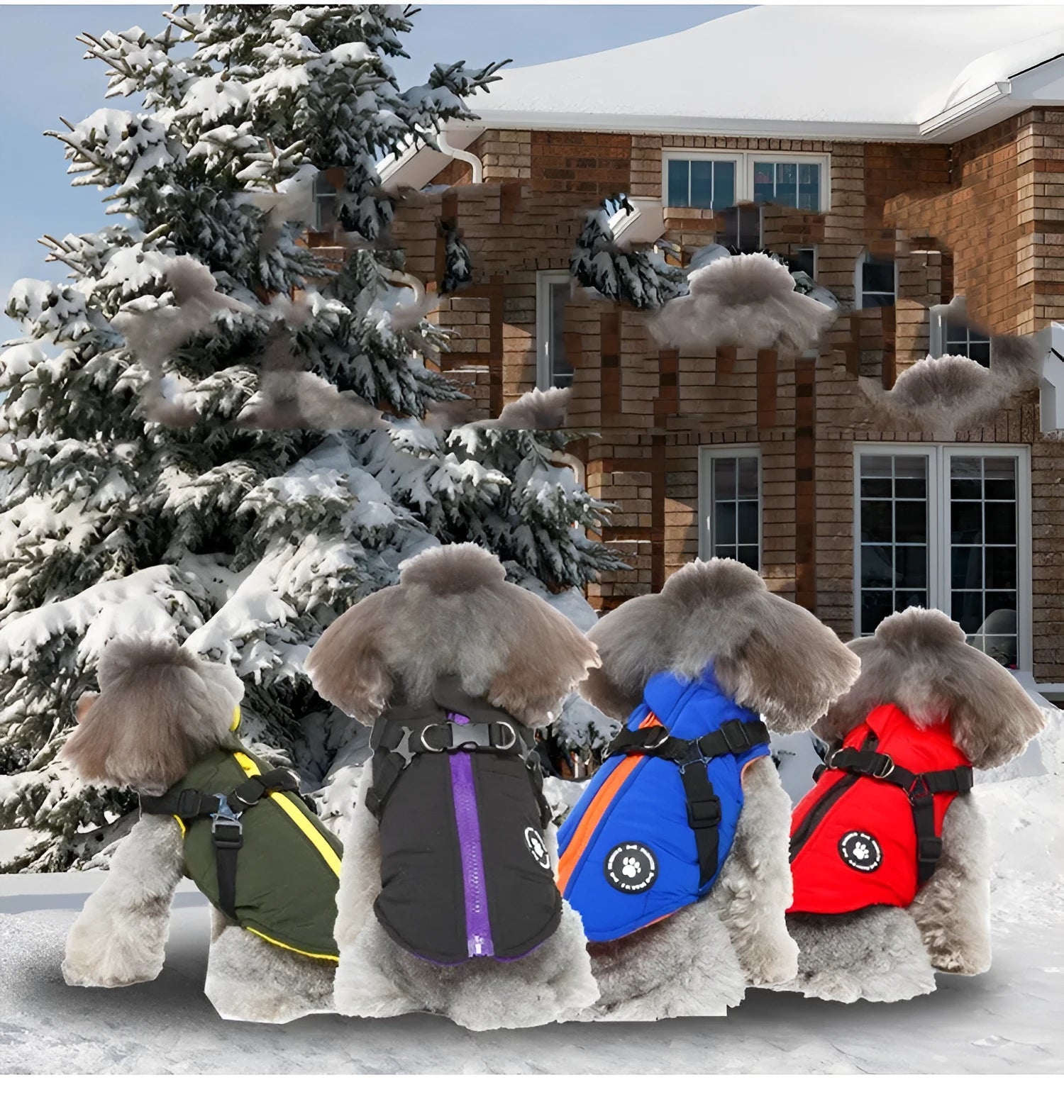 Dog wearing chest strap jacket with cotton-padded polyester insulation in blue colour