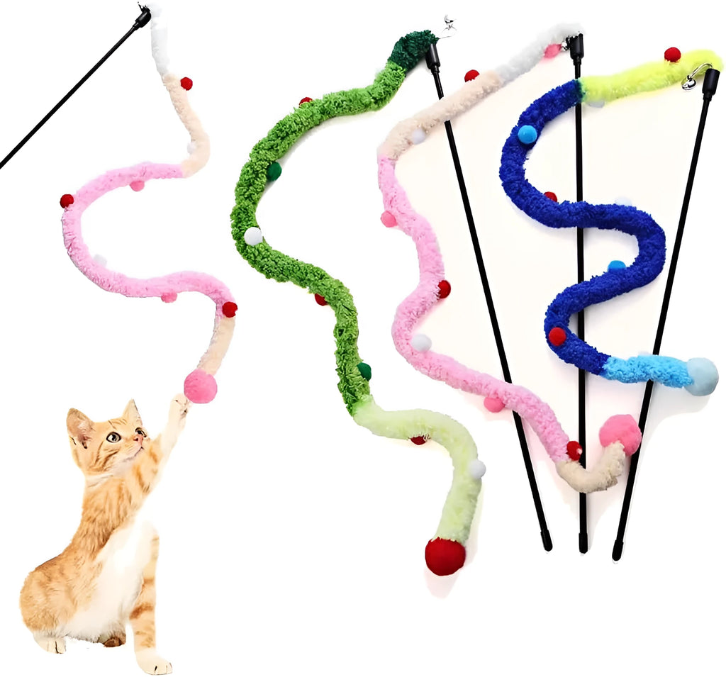 Cat wand toy with long plush strip and colourful ball featuring bells for interactive indoor play