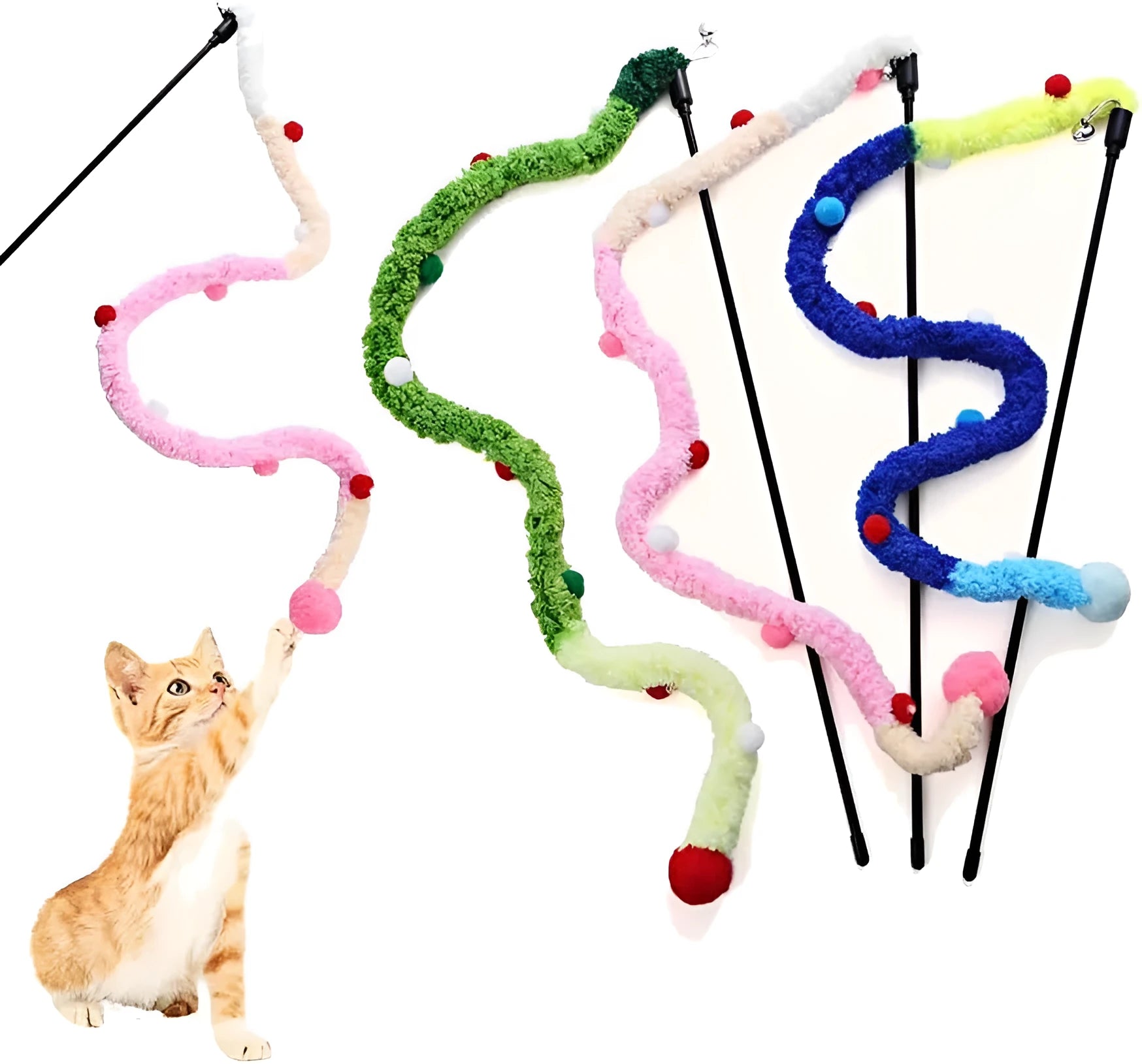 Cat wand toy with long plush strip and colourful ball featuring bells for interactive indoor play