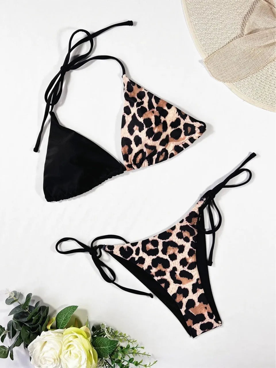 Women's leopard print bikini swimsuit with halter neck and split front design