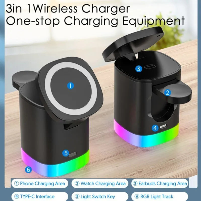 Black foldable 3-in-1 magnetic wireless charging station with RGB lighting charging iPhone, Apple Watch, and AirPods