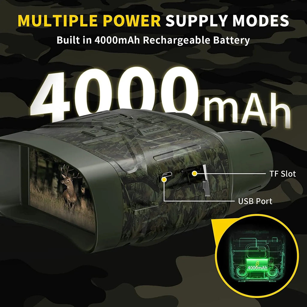 Black or camouflage 4K night vision instrument with display screen showing night vision footage.
