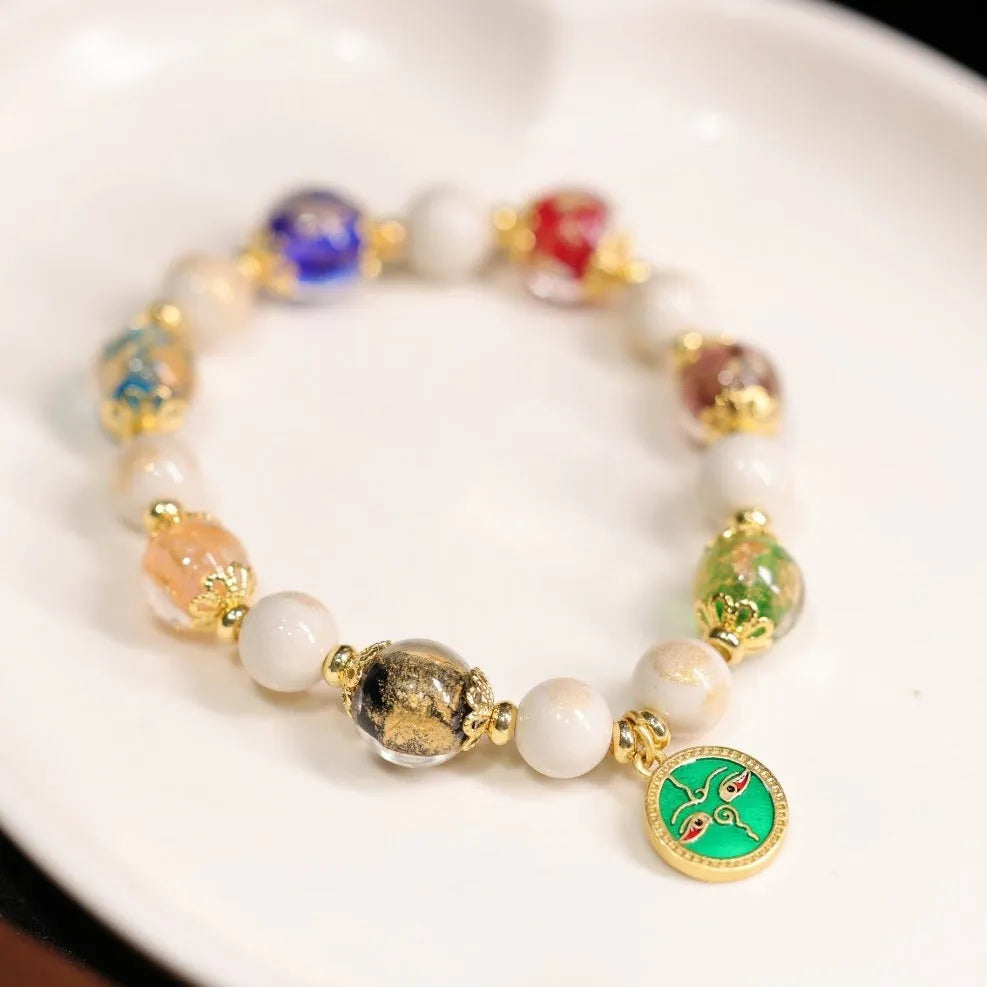 Handmade glazed glass bracelet with Five Gods of Wealth design in 10mm geometry shape.