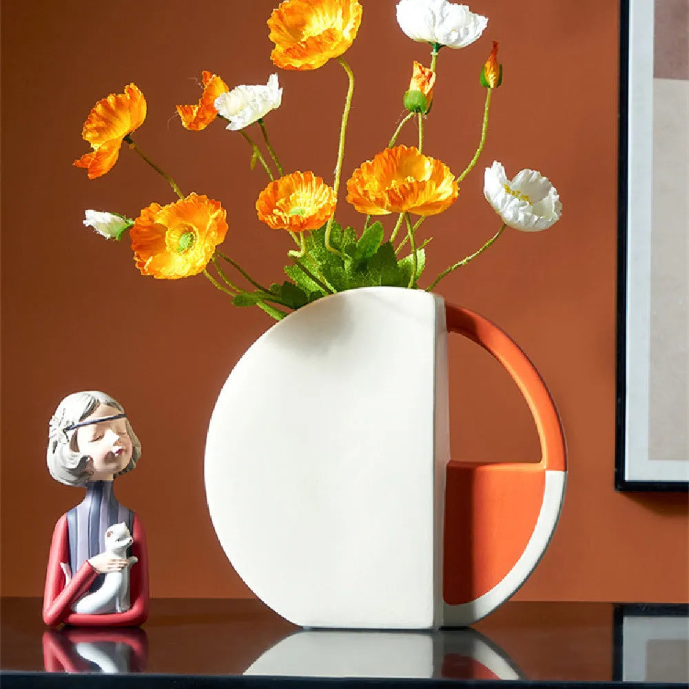 Orange and white ceramic vase, simple modern style, 21.5x24x6cm with 10cm diameter, freestanding for indoor home decor