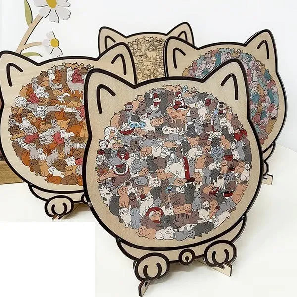 135-piece cat-shaped wooden puzzle, 23.7 x 21.8 cm, shown in Macaron Color, Maillard Color, Morandi and Wooden Primary Color