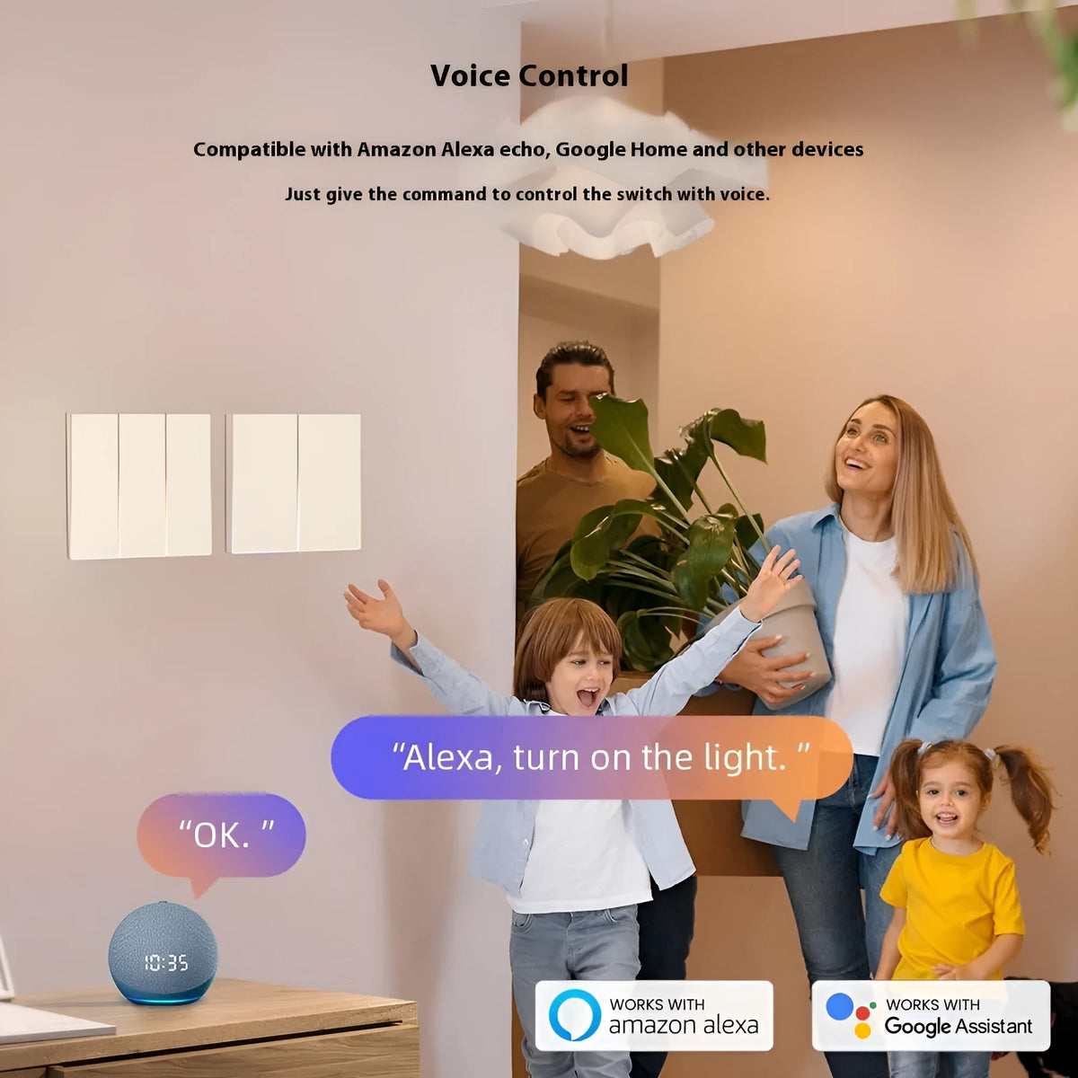 White EU smart WiFi wall switch with voice control, zero fire wire, 800W per gang, 60mm hole distance