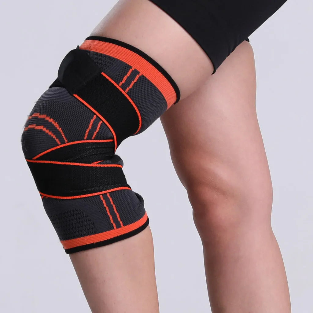 Nylon knitted knee pad in red, breathable sports support, available in multiple sizes.
