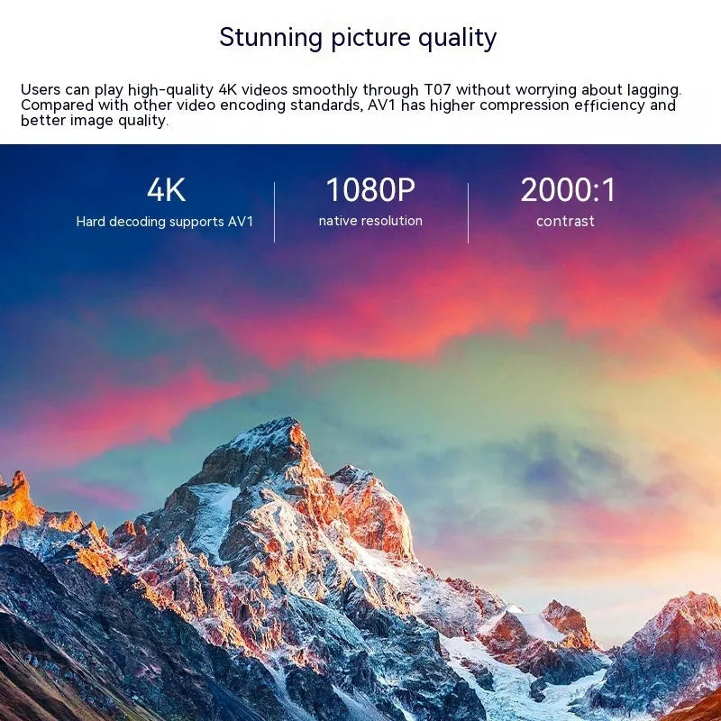 White T07 Full HD smart projector with remote control on flat surface