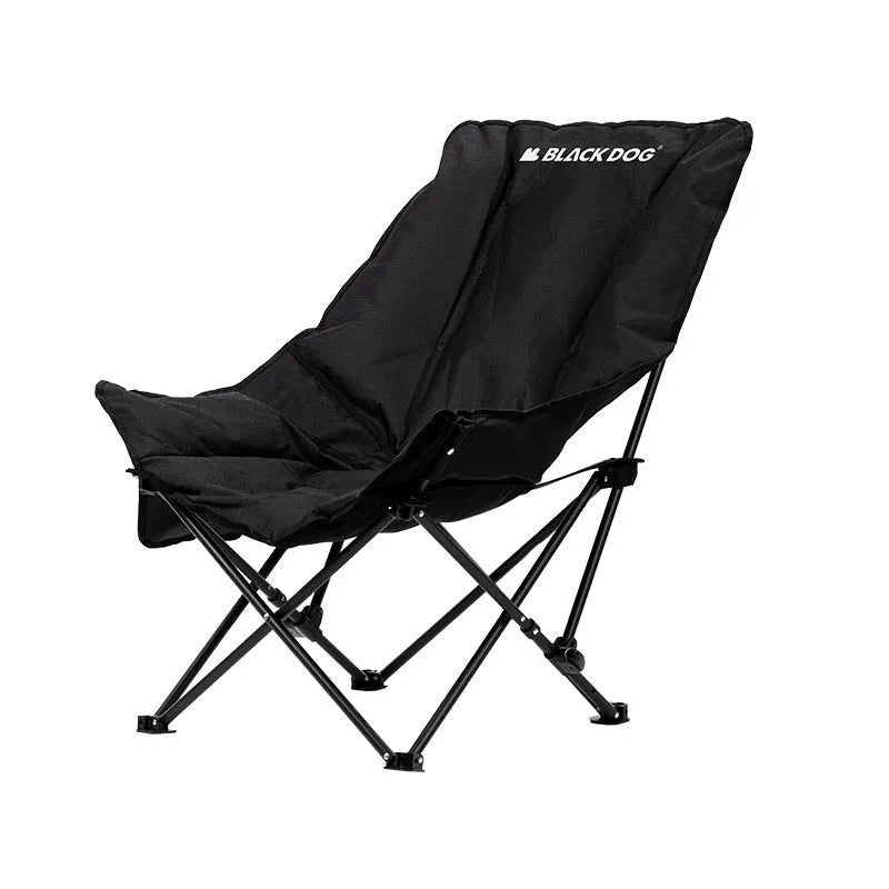 Night black portable folding moon chair in Oxford cloth for outdoor camping and beach use.