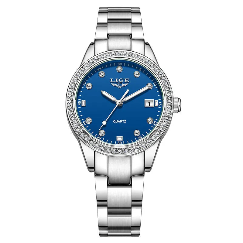 Women's silver stainless steel watch with diamond-encrusted bezel and luminous hands on a coloured dial.