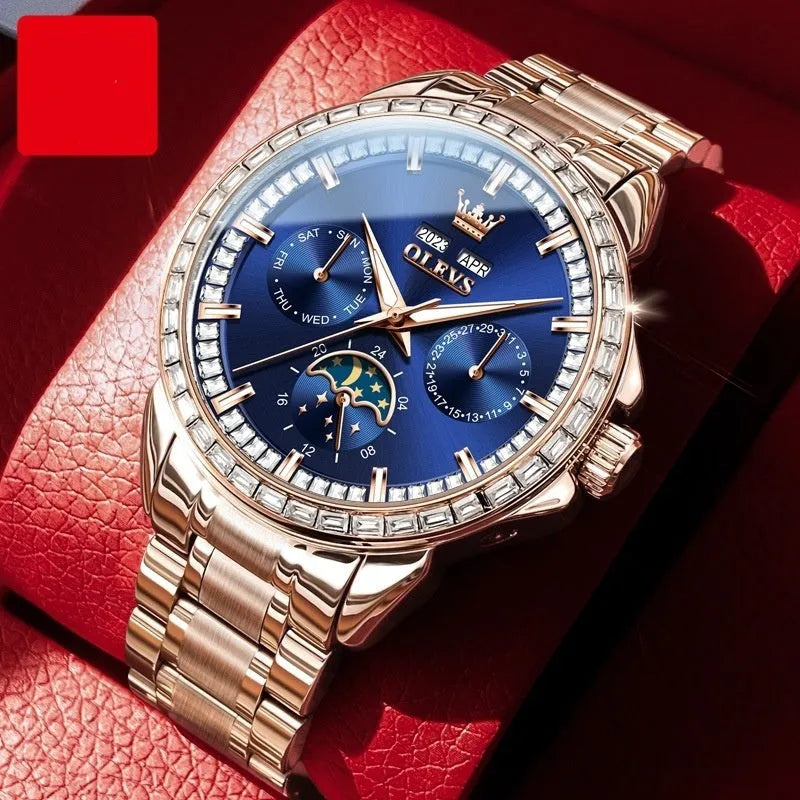 Men's automatic mechanical watch with diamond dial on a stainless steel bracelet, showing the transparent case back.