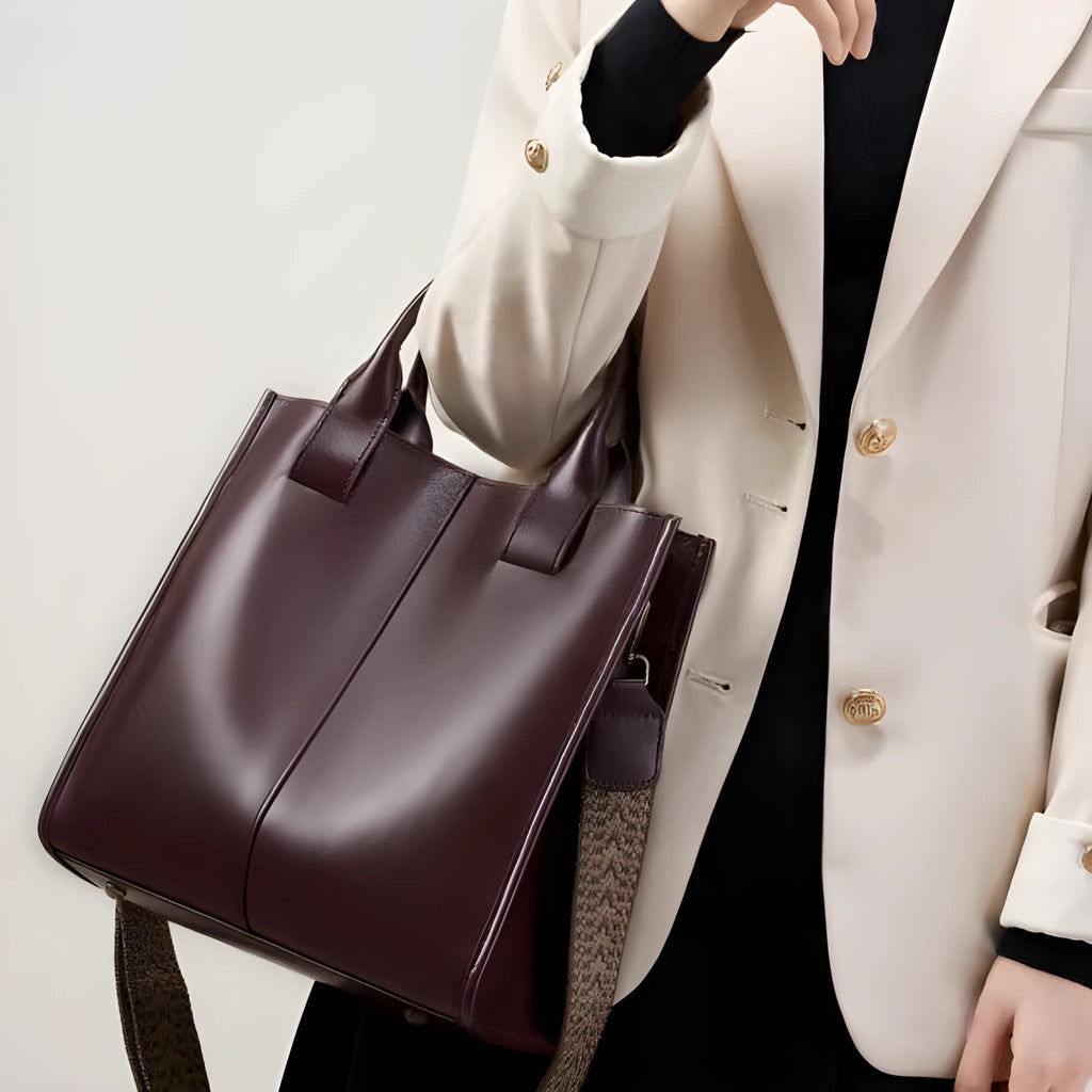 Women's genuine leather large capacity tote bag in urban simplicity style with splicing details