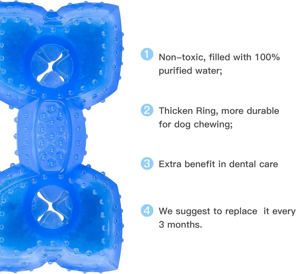 Freezable blue dog chew toy with textured surface and a cavity for treats.