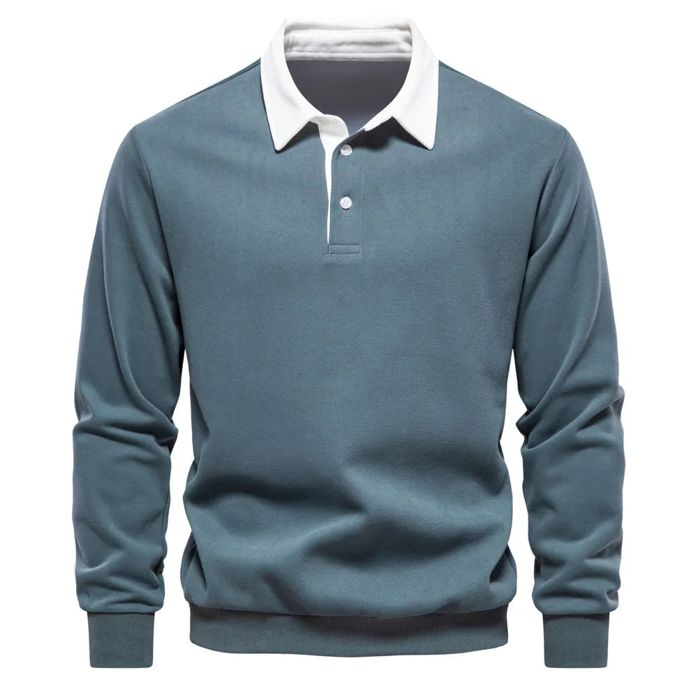 Men's casual long sleeves polo collar sweater in khaki with thread belt sleeves