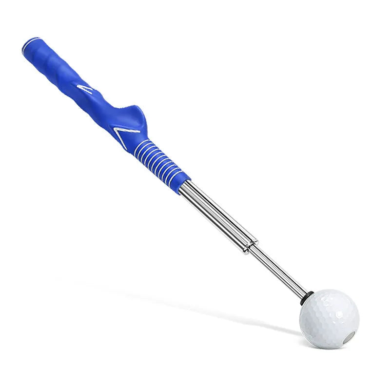 A telescopic golf swing trainer in stainless steel, shown extended for use.