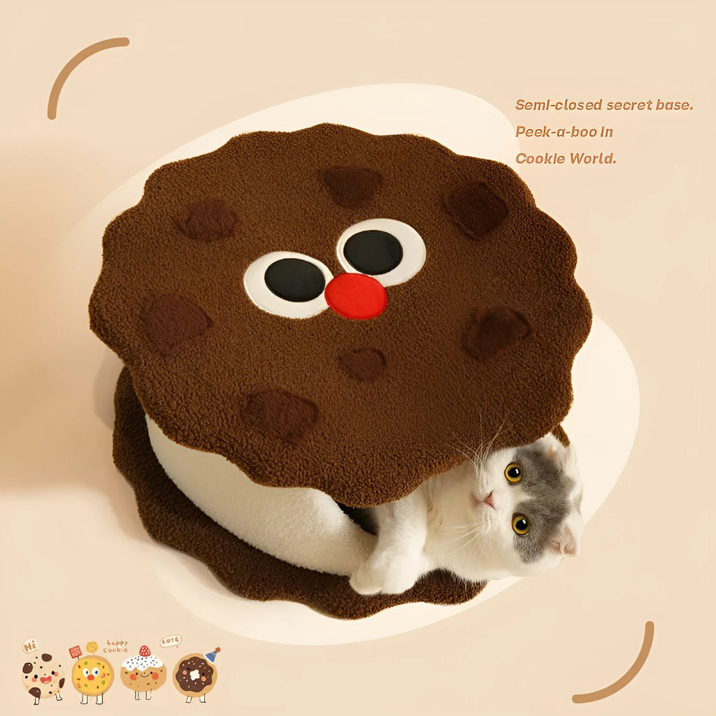 Khaki coloured sandwich cookie shaped enclosed cat nest bed with removable cushion for indoor winter sleeping