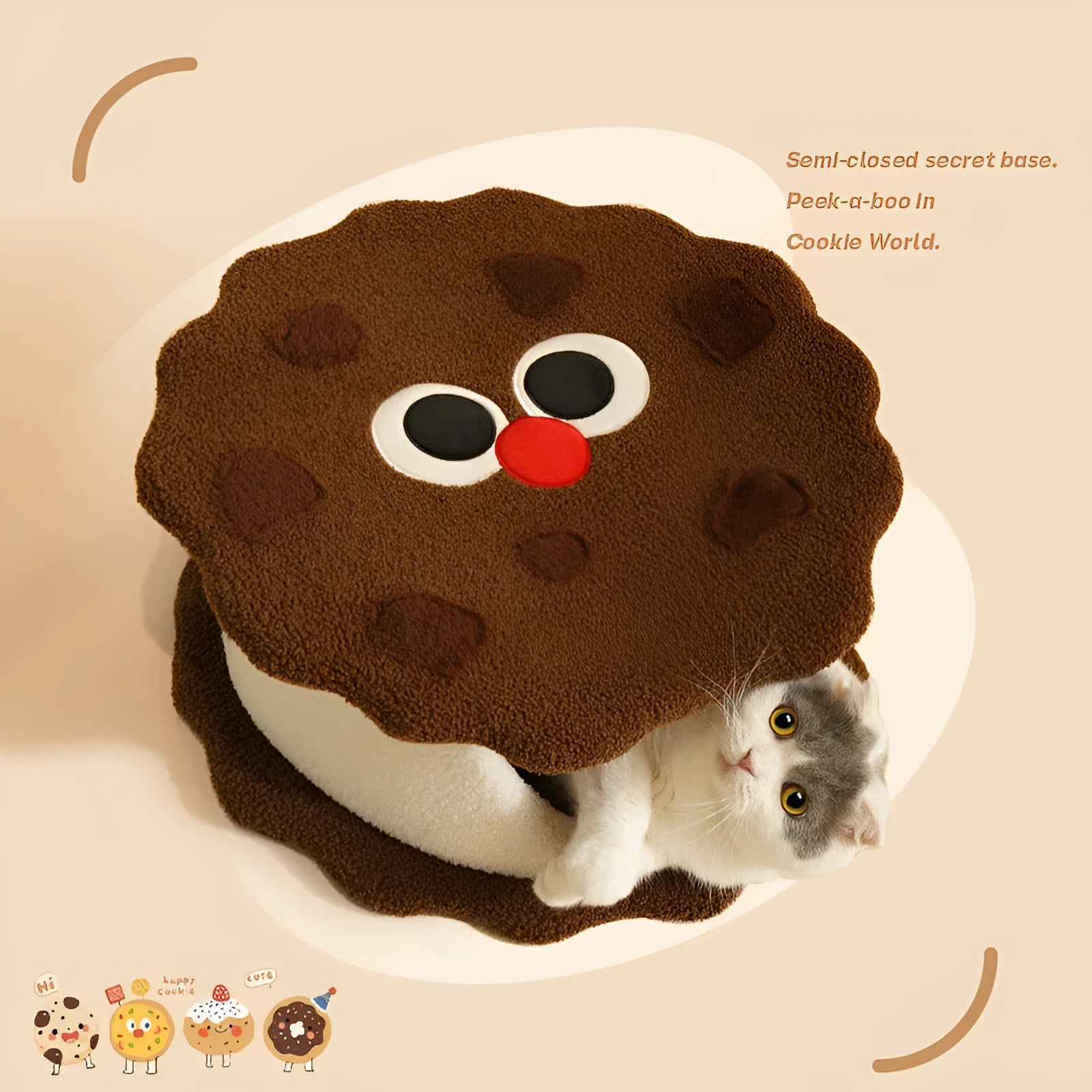 Khaki coloured sandwich cookie shaped enclosed cat nest bed with removable cushion for indoor winter sleeping
