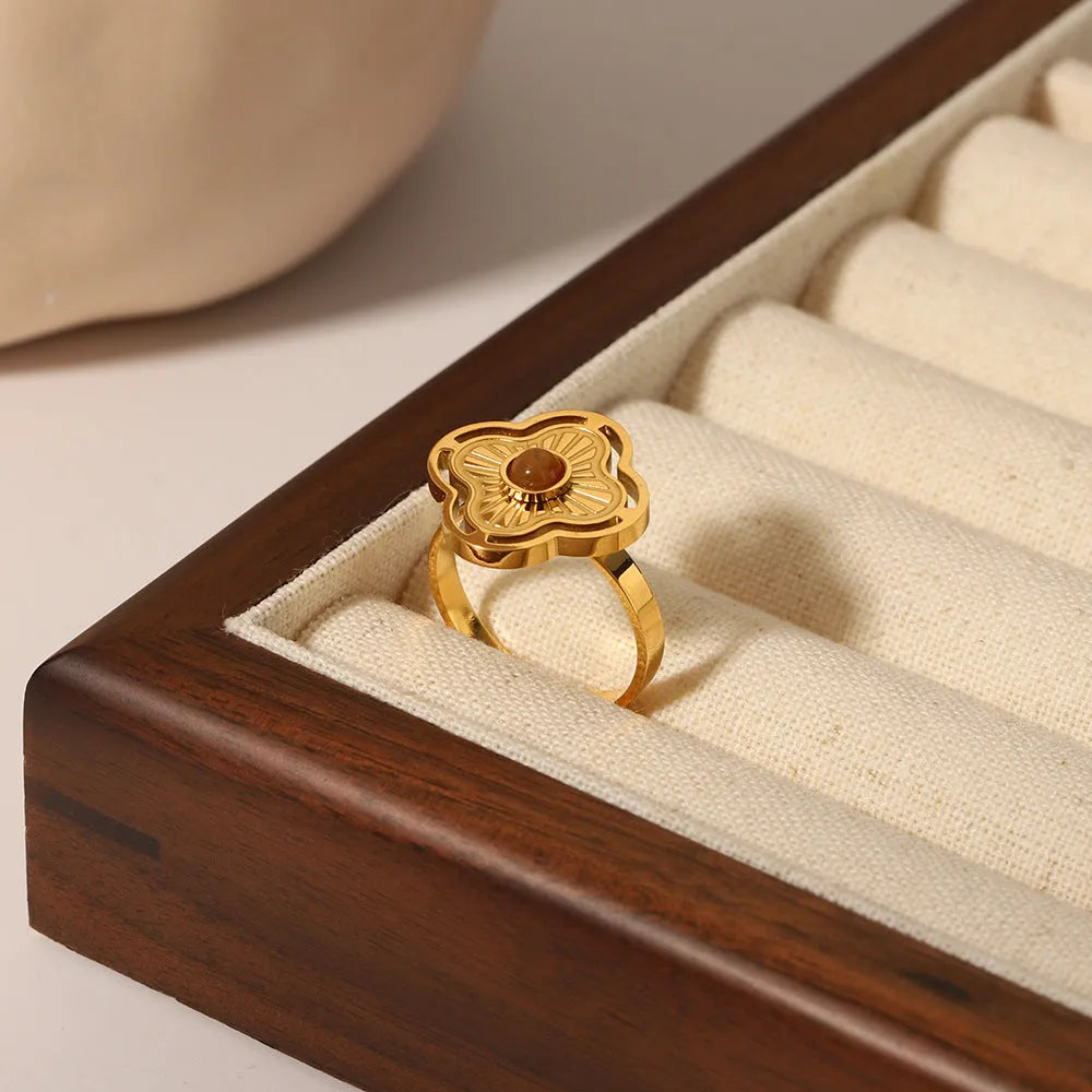 Natural stone tiger-shaped stone opening ring with 18K gold plating on titanium steel for women