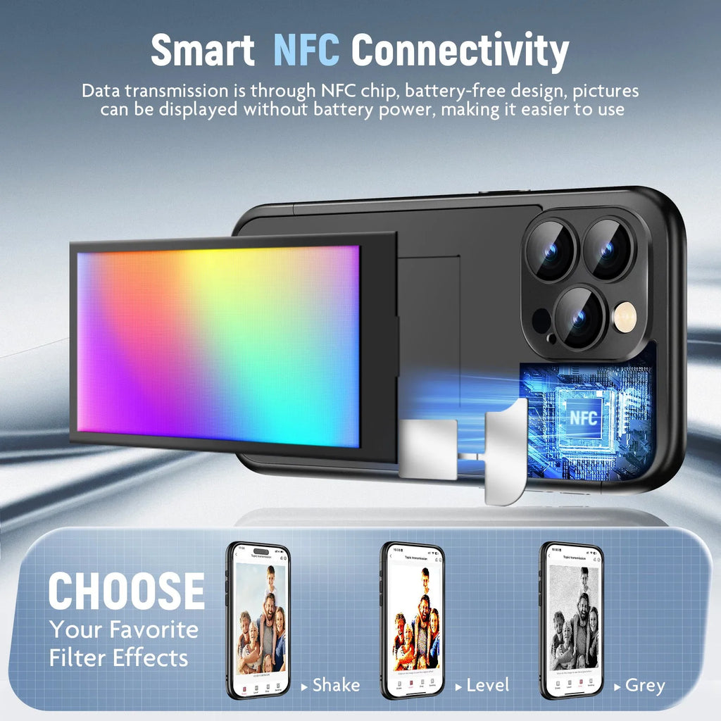 Black iPhone 15 Pro Max flip phone case showing NFC chip and custom ink screen on cover.