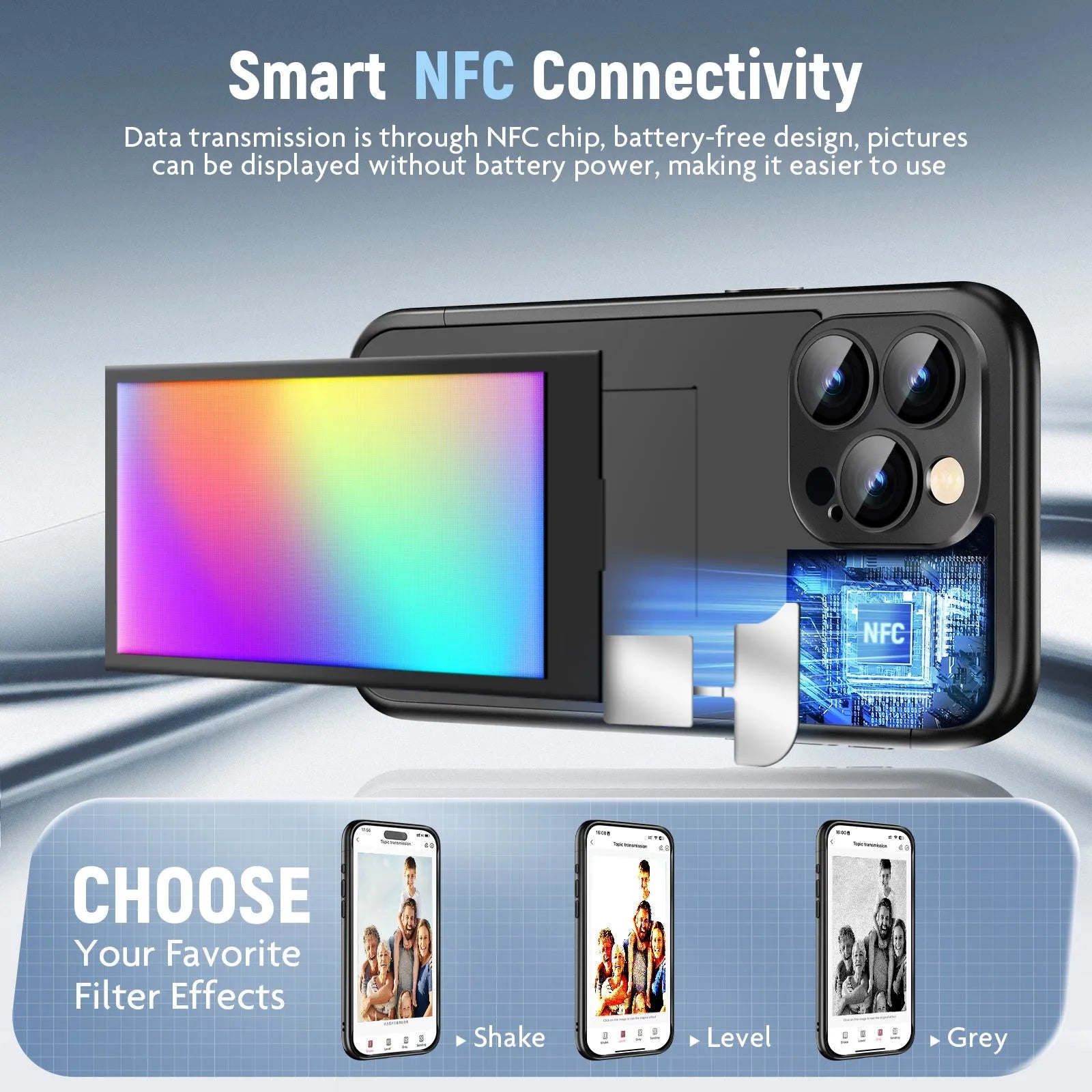 Black iPhone 15 Pro Max flip phone case showing NFC chip and custom ink screen on cover.