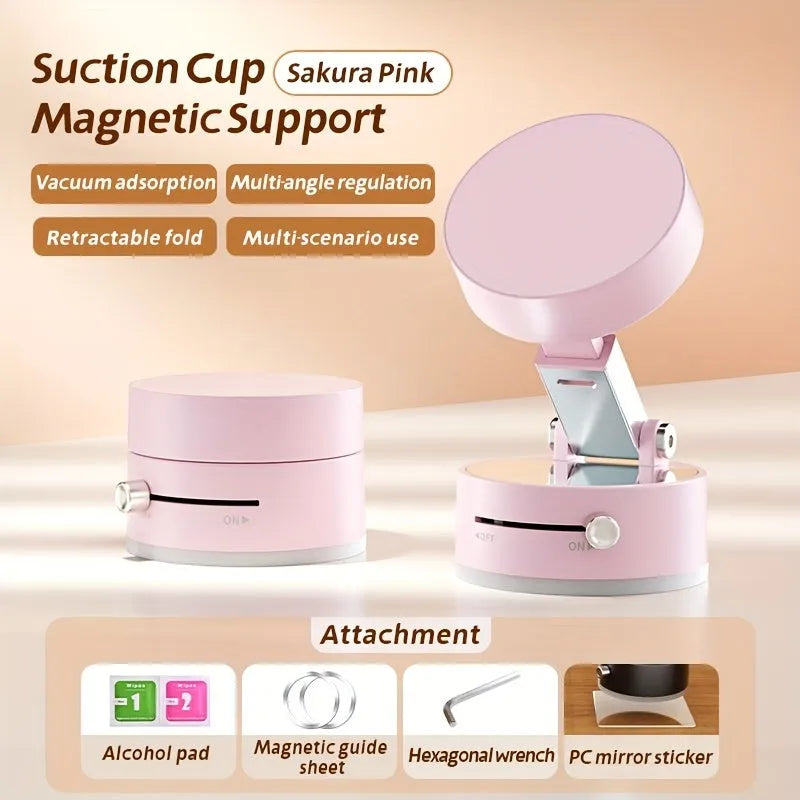 Black magnetic car phone mount with vacuum suction cup and 360-degree rotation ball joint on dashboard