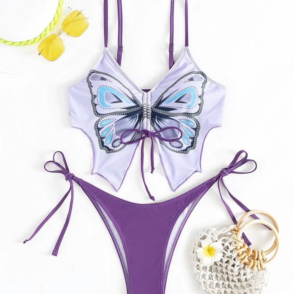 Women's purple bikini set with bow style top and high-cut briefs for swimming and fitness