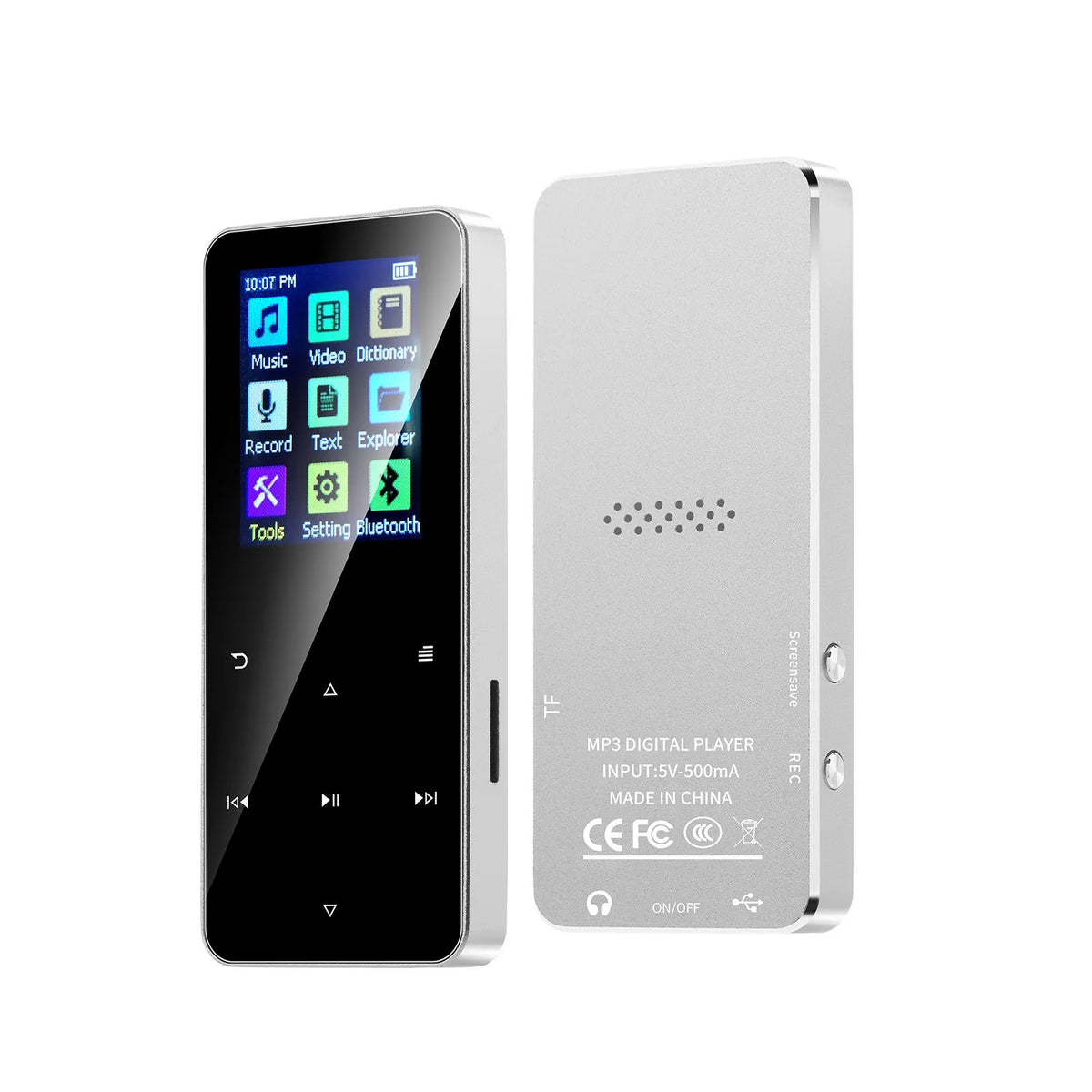 Walkman student version Bluetooth player with 1.8 inch screen, touch buttons, 9 x 4 x 1cm body, black silver blue pink