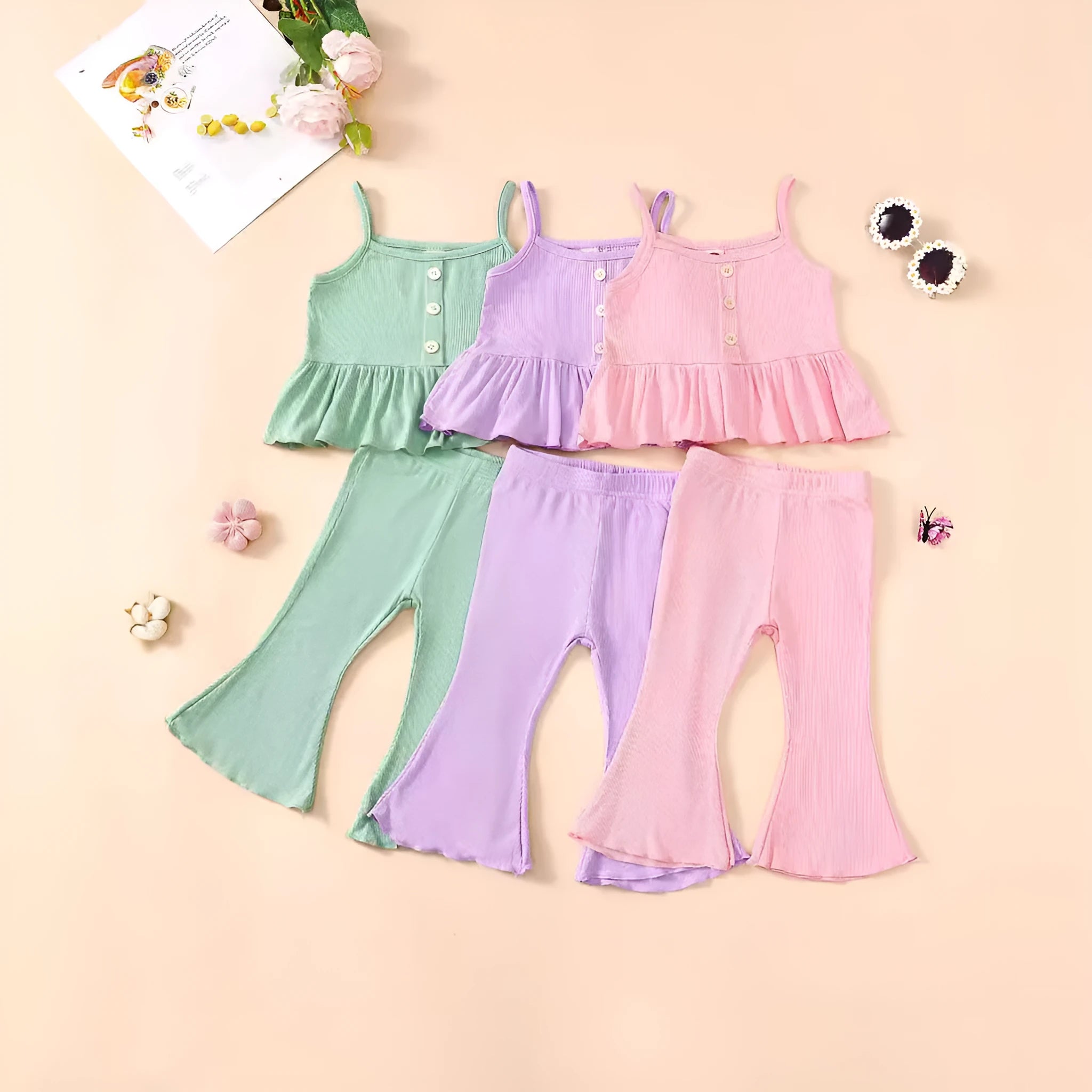 Girls cotton tricolor overall dress set in ocean green with shirt and pants, front view