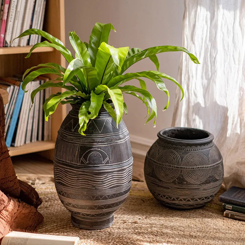 Medium cement African art decorative flower pot with ethnic design and drainage holes