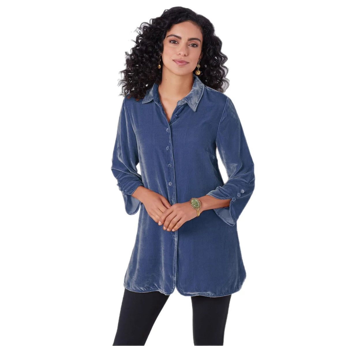 Gold Velvet Bell Sleeve Shirt with lapel slit front, loose fit, light blue colour, long sleeves with flared cuffs
