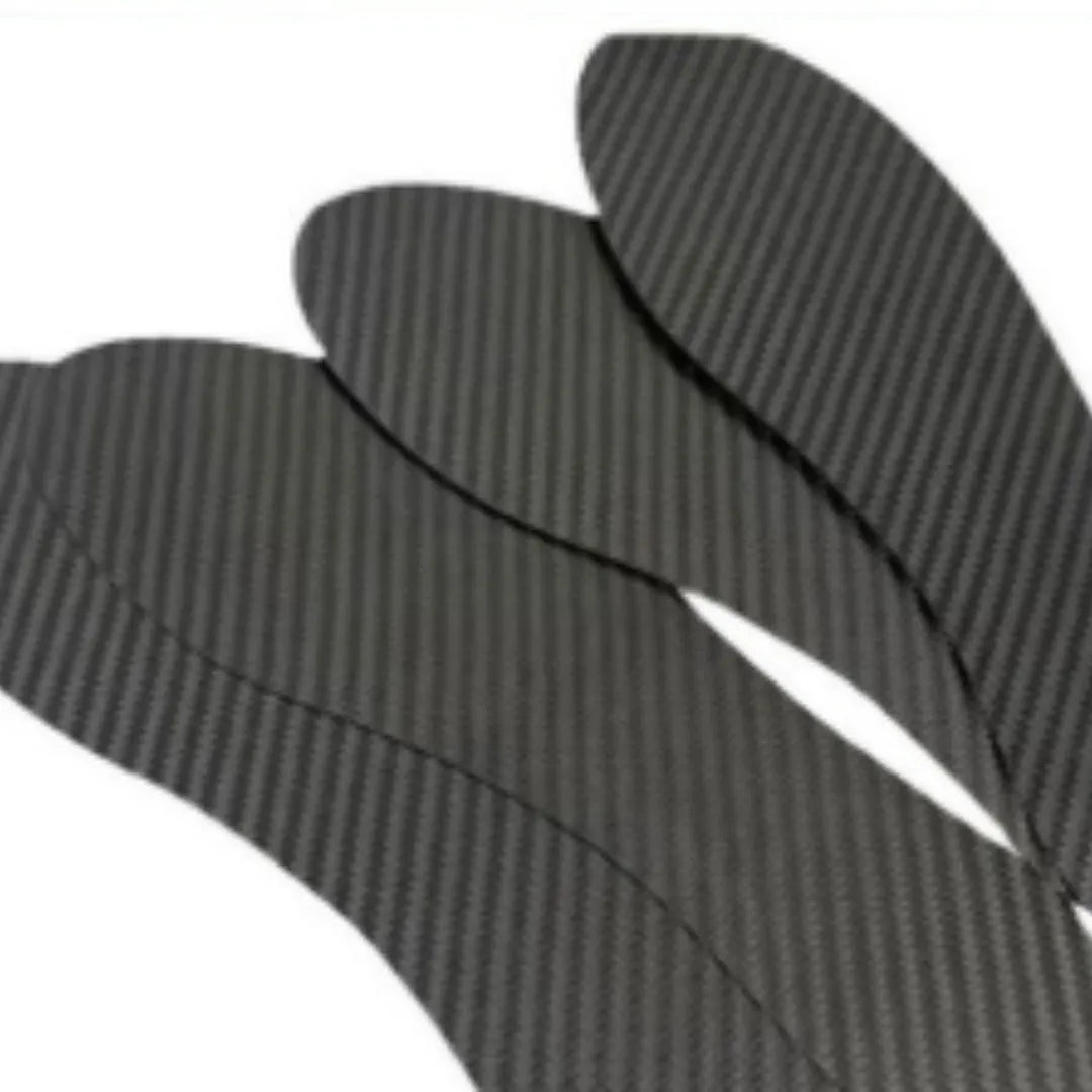 Black 3K carbon fibre full palm running insoles showing three thickness options: 0.8mm, 1.0mm, and 1.2mm.