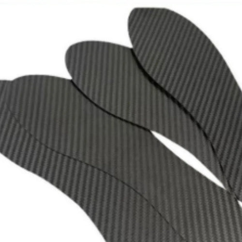 Black 3K carbon fibre full palm running insoles showing three thickness options: 0.8mm, 1.0mm, and 1.2mm.
