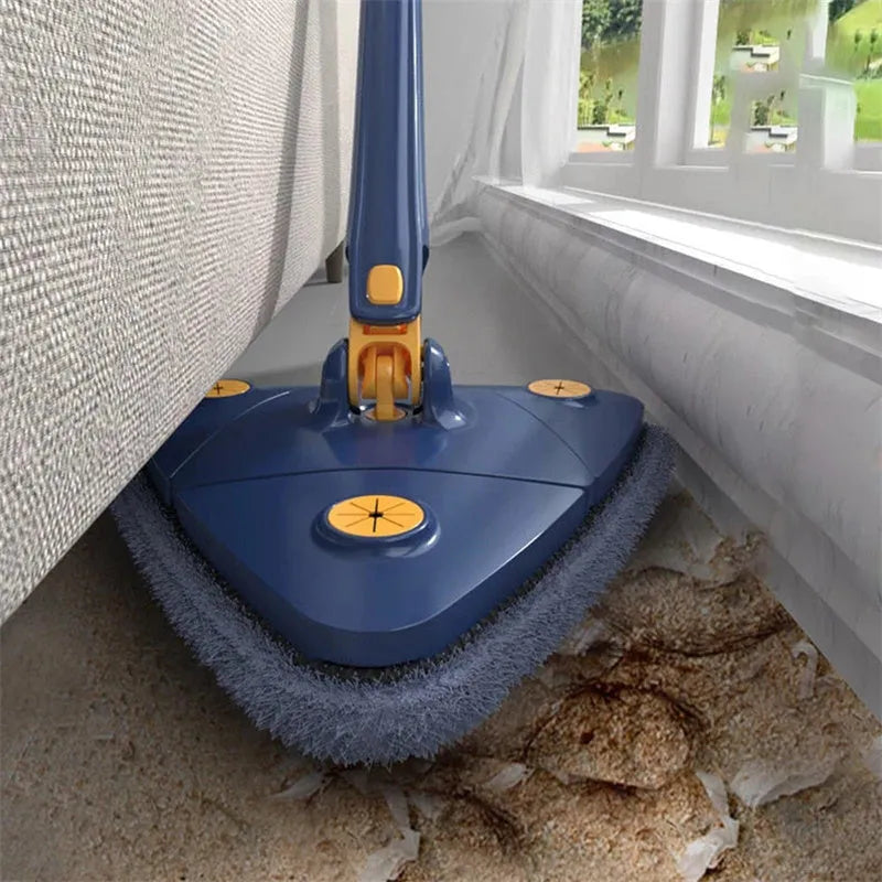 Blue extendable triangle cleaning mop with rotating head and microfiber cloth on a stainless steel pole.