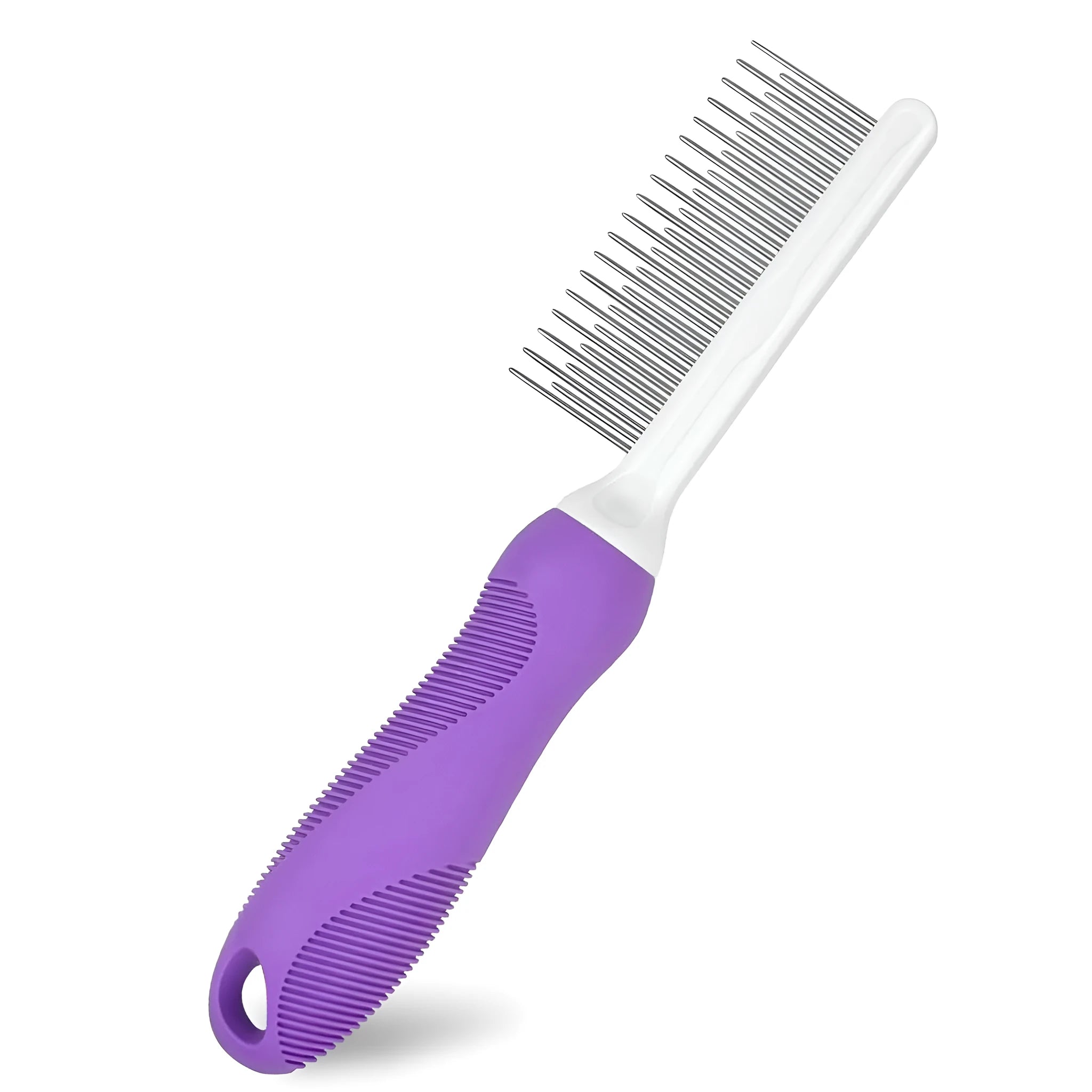 Purple pet detangling comb with stainless steel teeth on a 27cm long ergonomic handle.