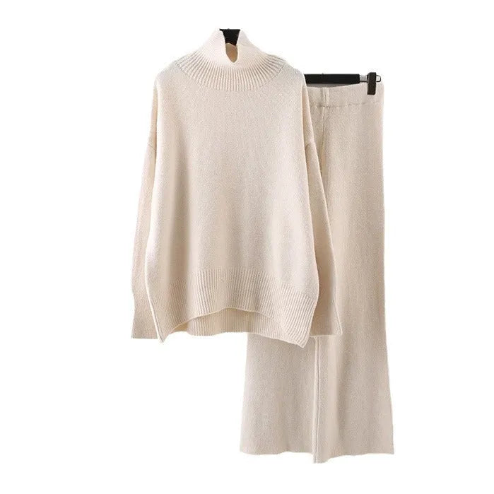 Women's milky white acrylic knit sweater and wide-leg trousers two-piece set for commuting.