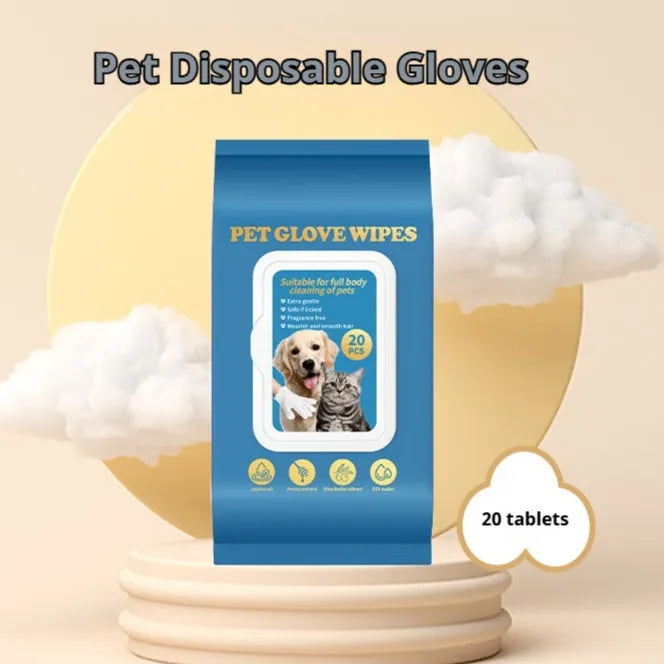 Disposable wash-free gloves for pet grooming and bath cleaning with a cat or dog.
